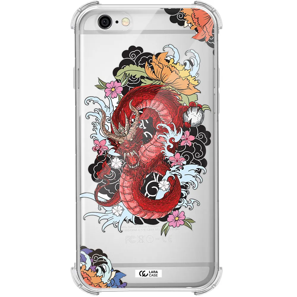 a red dragon with flowers and clouds Apple iPhone 6 Clear PC Case