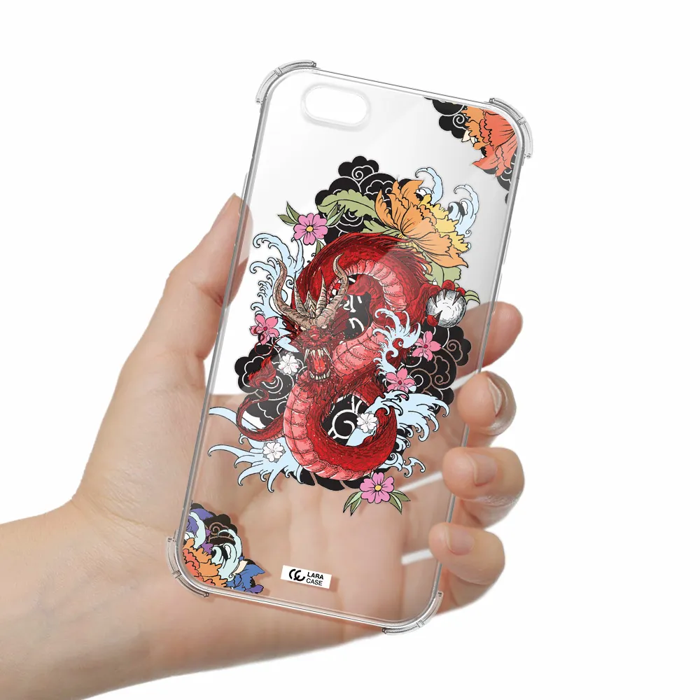 a red dragon with flowers and clouds Apple iPhone 6 Clear PC Case