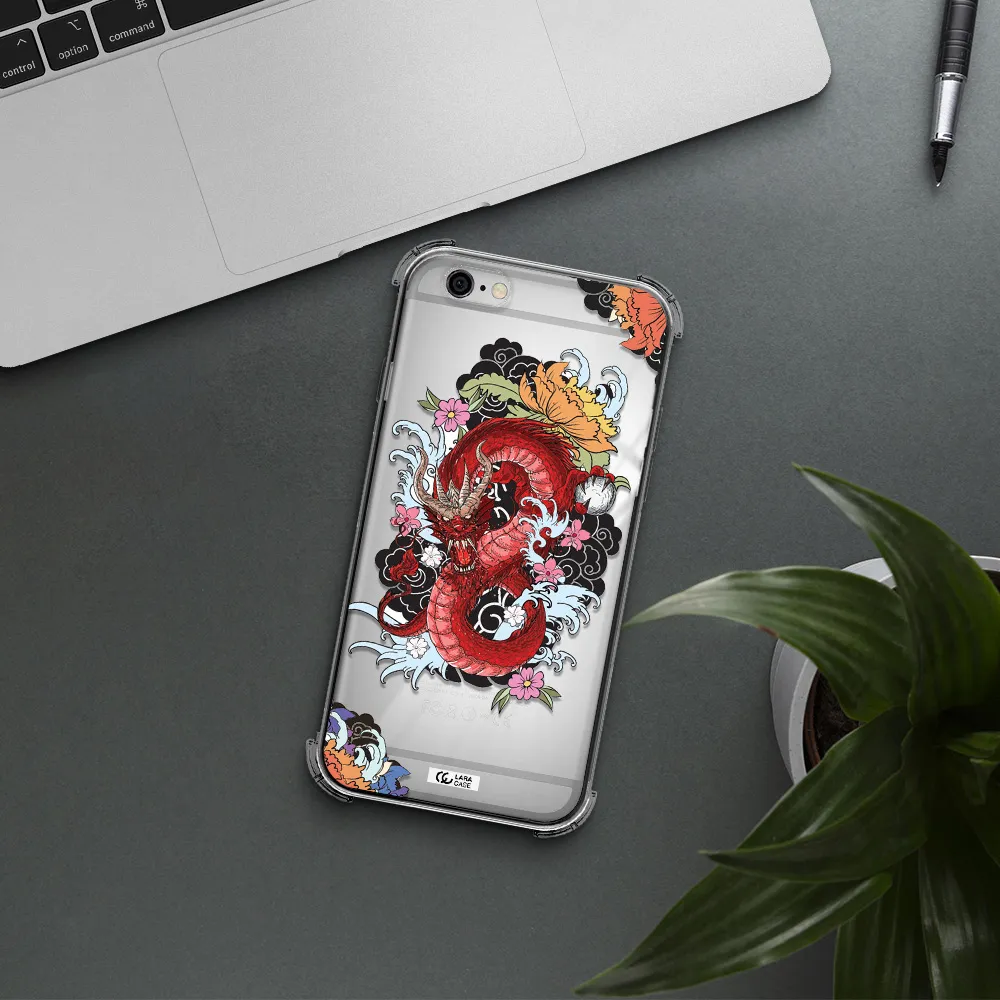 a red dragon with flowers and clouds Apple iPhone 6 Clear PC Case