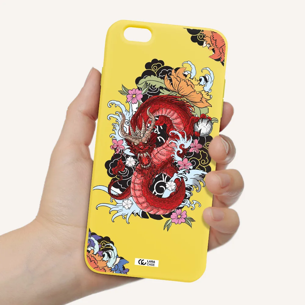 a red dragon with flowers and clouds Apple iPhone 6 plus Silicone canary yellow Case