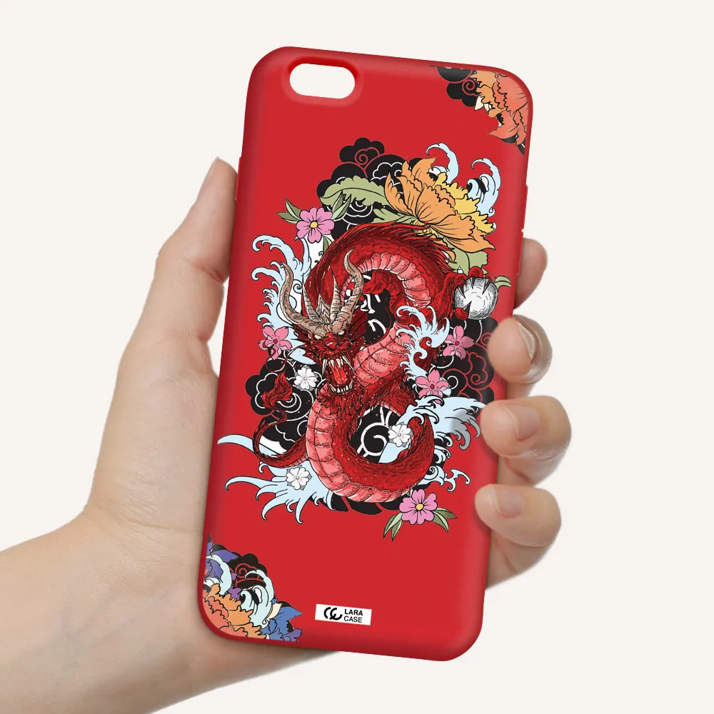 a red dragon with flowers and clouds Apple iPhone 6 plus Silicone Imperial Red Case