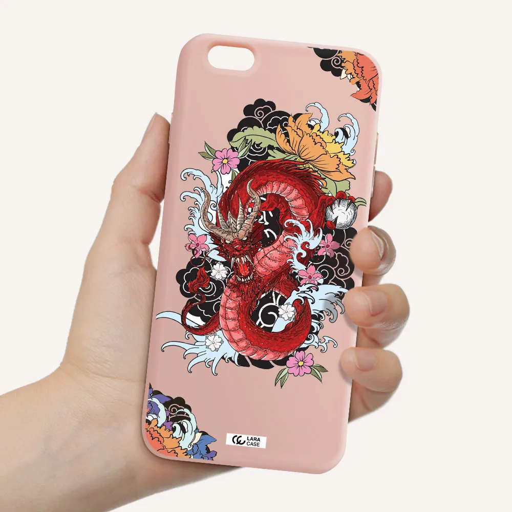 a red dragon with flowers and clouds Apple iPhone 6 plus Silicone pastel pink Case