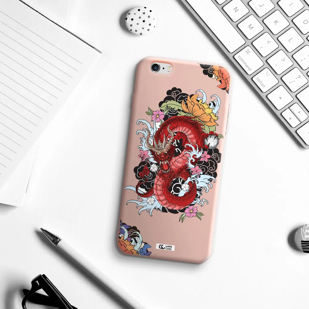 a red dragon with flowers and clouds Apple iPhone 6 plus Silicone pastel pink Case