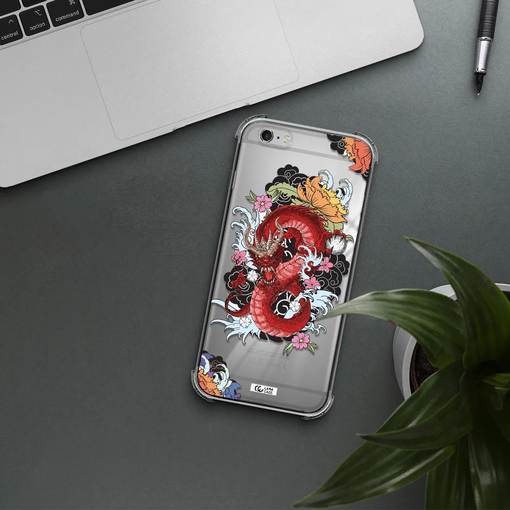 a red dragon with flowers and clouds Apple iPhone 6 s plus Clear PC Case