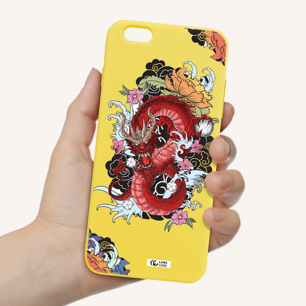 a red dragon with flowers and clouds Apple iPhone 6 s plus Silicone canary yellow Case