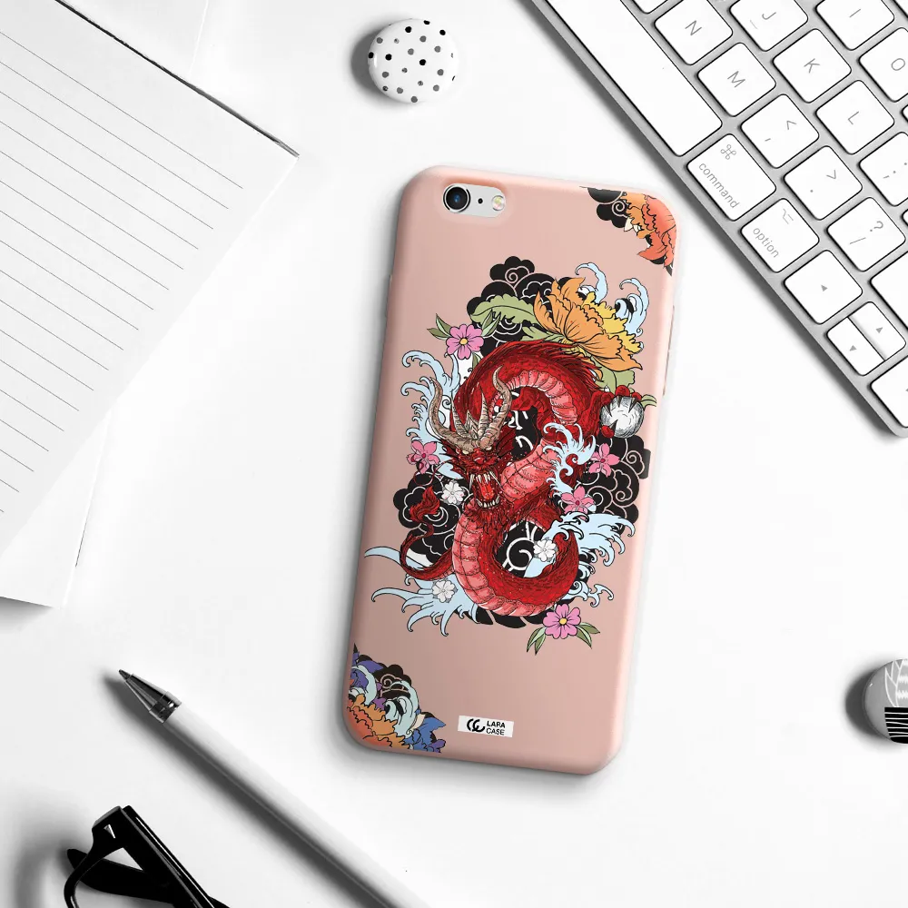 a red dragon with flowers and clouds Apple iPhone 6 s plus Silicone pastel pink Case