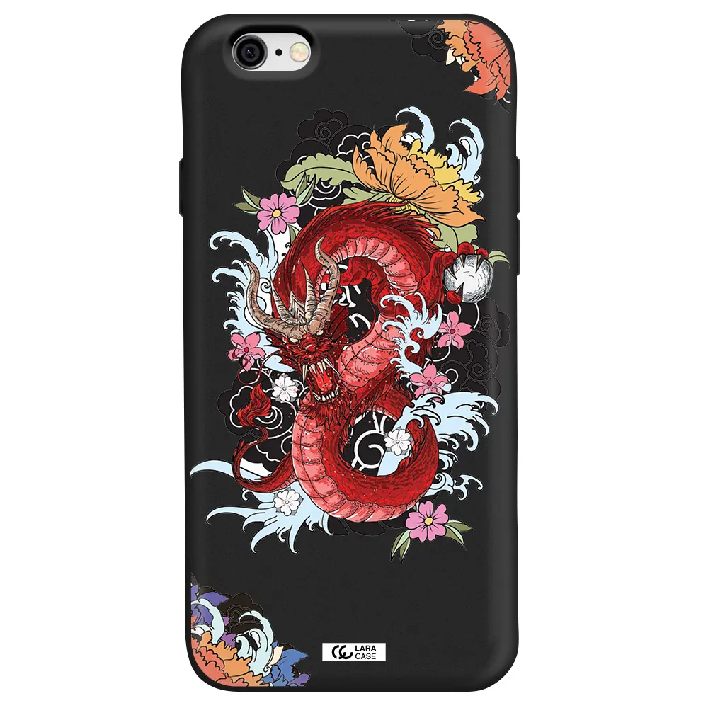 a red dragon with flowers and clouds Apple iPhone 6 Silicone black Case