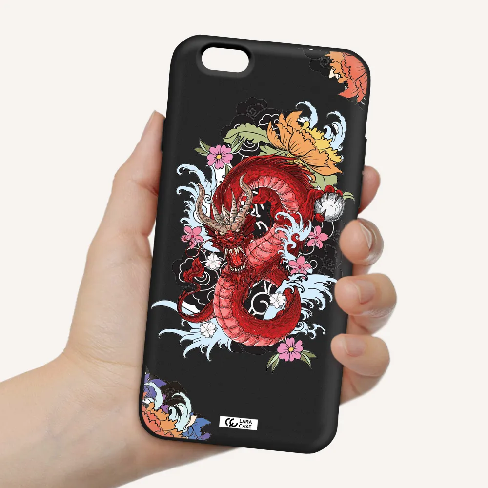 a red dragon with flowers and clouds Apple iPhone 6 Silicone black Case
