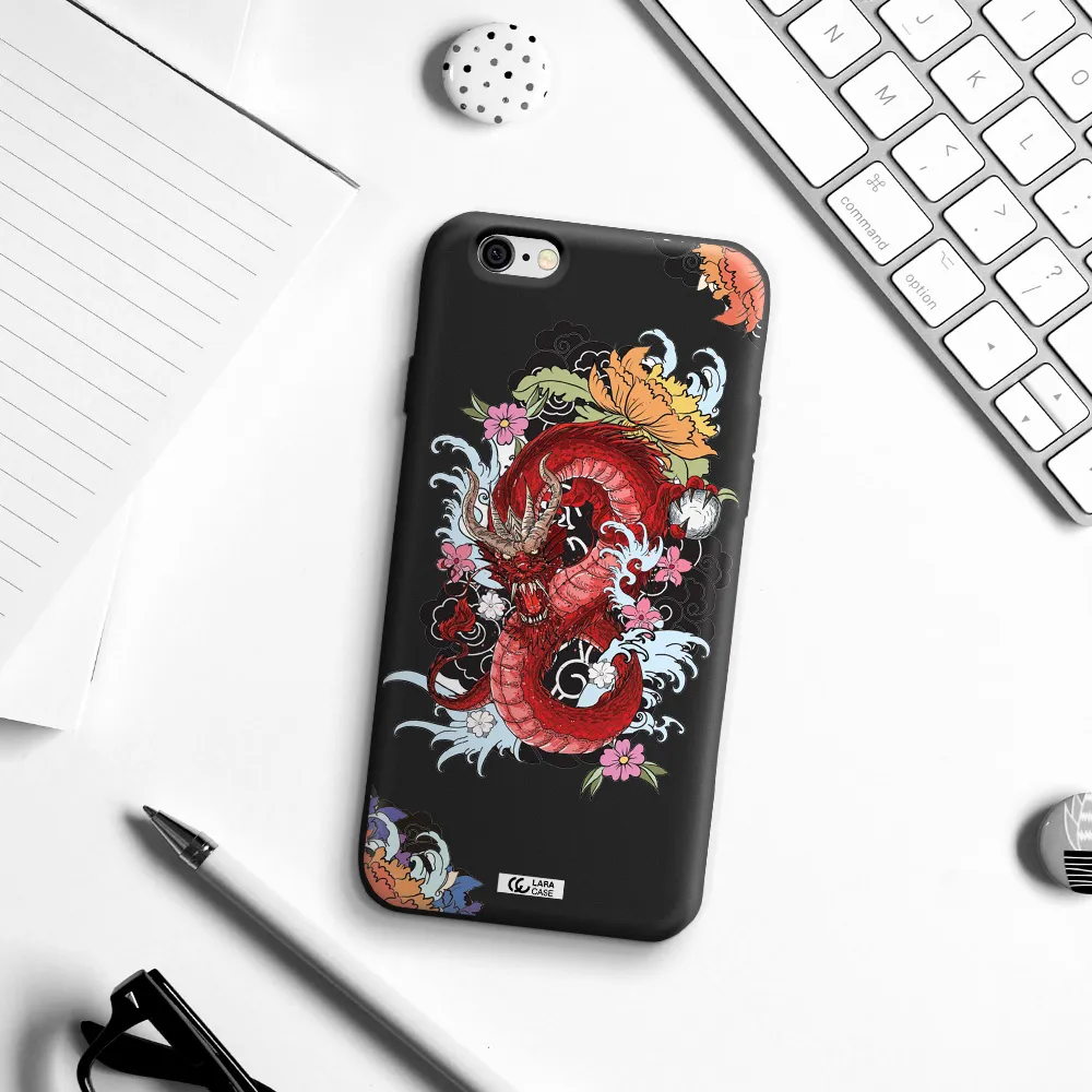 a red dragon with flowers and clouds Apple iPhone 6 Silicone black Case