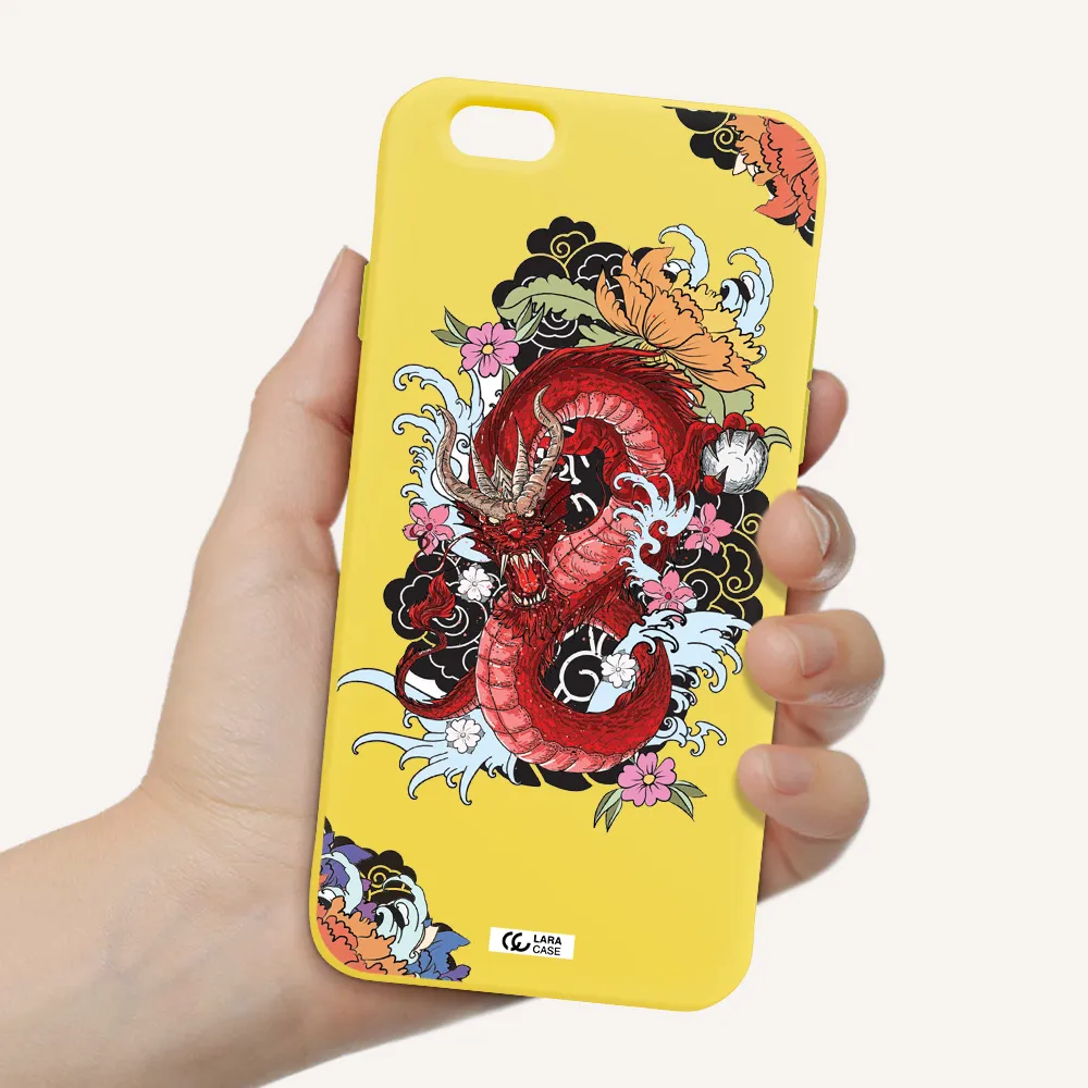 a red dragon with flowers and clouds Apple iPhone 6 Silicone canary yellow Case