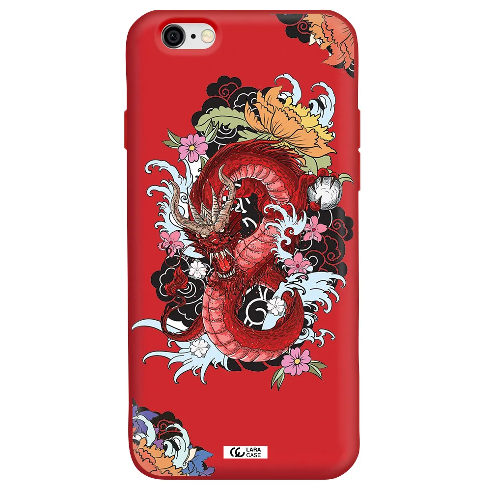 a red dragon with flowers and clouds Apple iPhone 6 Silicone Imperial Red Case