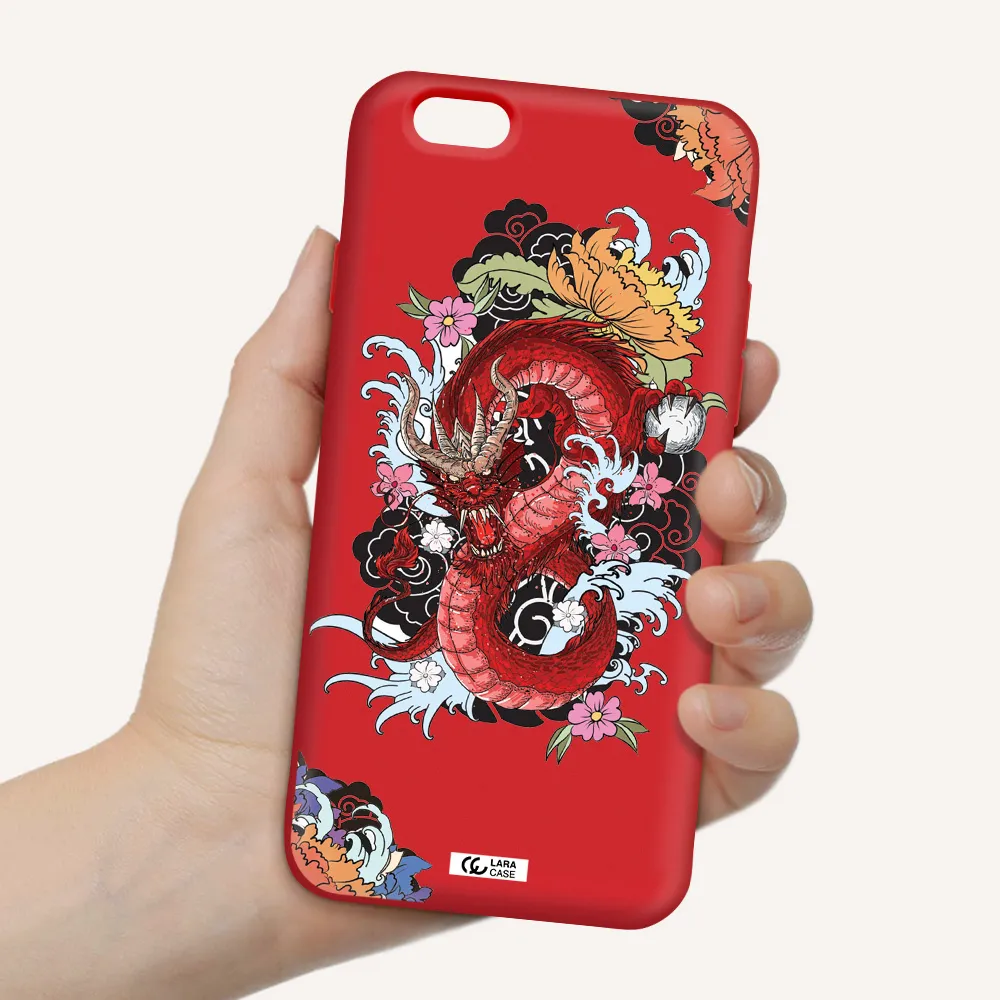 a red dragon with flowers and clouds Apple iPhone 6 Silicone Imperial Red Case
