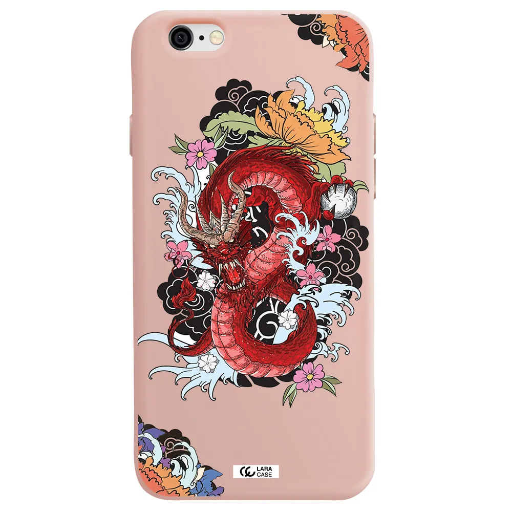 a red dragon with flowers and clouds Apple iPhone 6 Silicone pastel pink Case