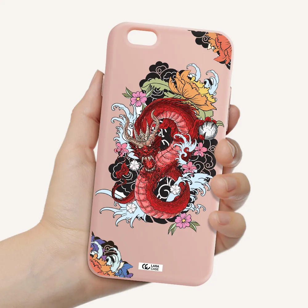 a red dragon with flowers and clouds Apple iPhone 6 Silicone pastel pink Case