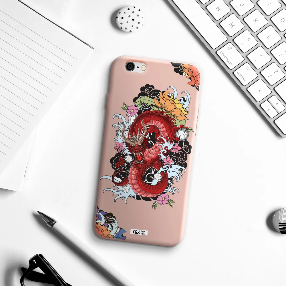 a red dragon with flowers and clouds Apple iPhone 6 Silicone pastel pink Case