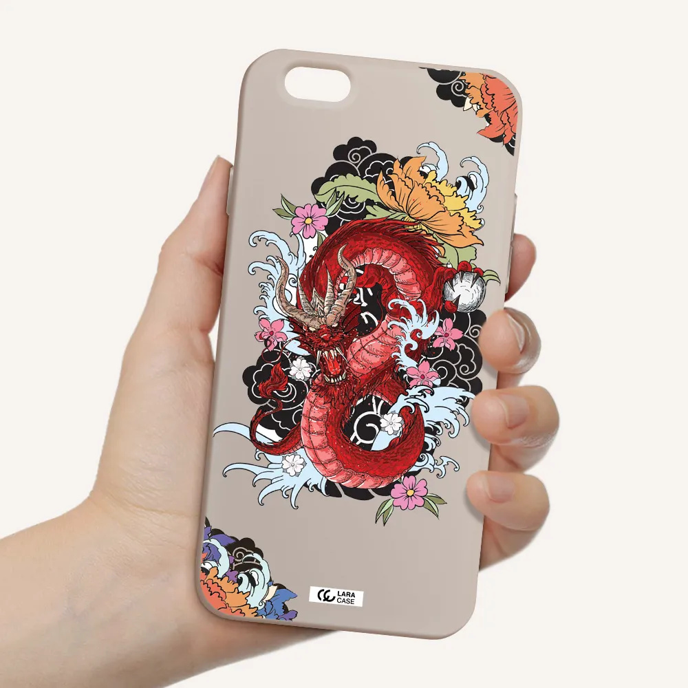 a red dragon with flowers and clouds Apple iPhone 6 Silicone Stone Case