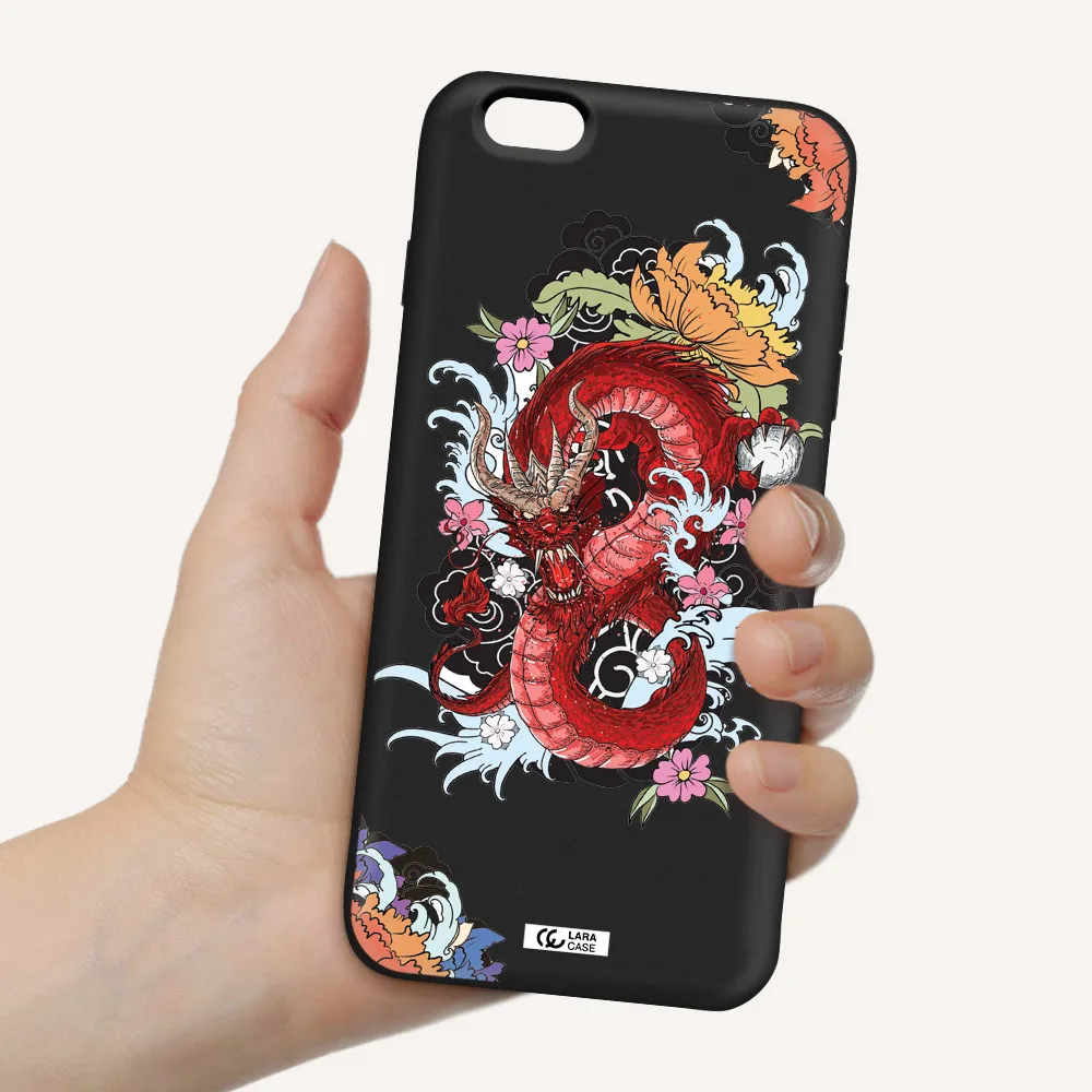 a red dragon with flowers and clouds Apple iPhone 6S Silicone black Case
