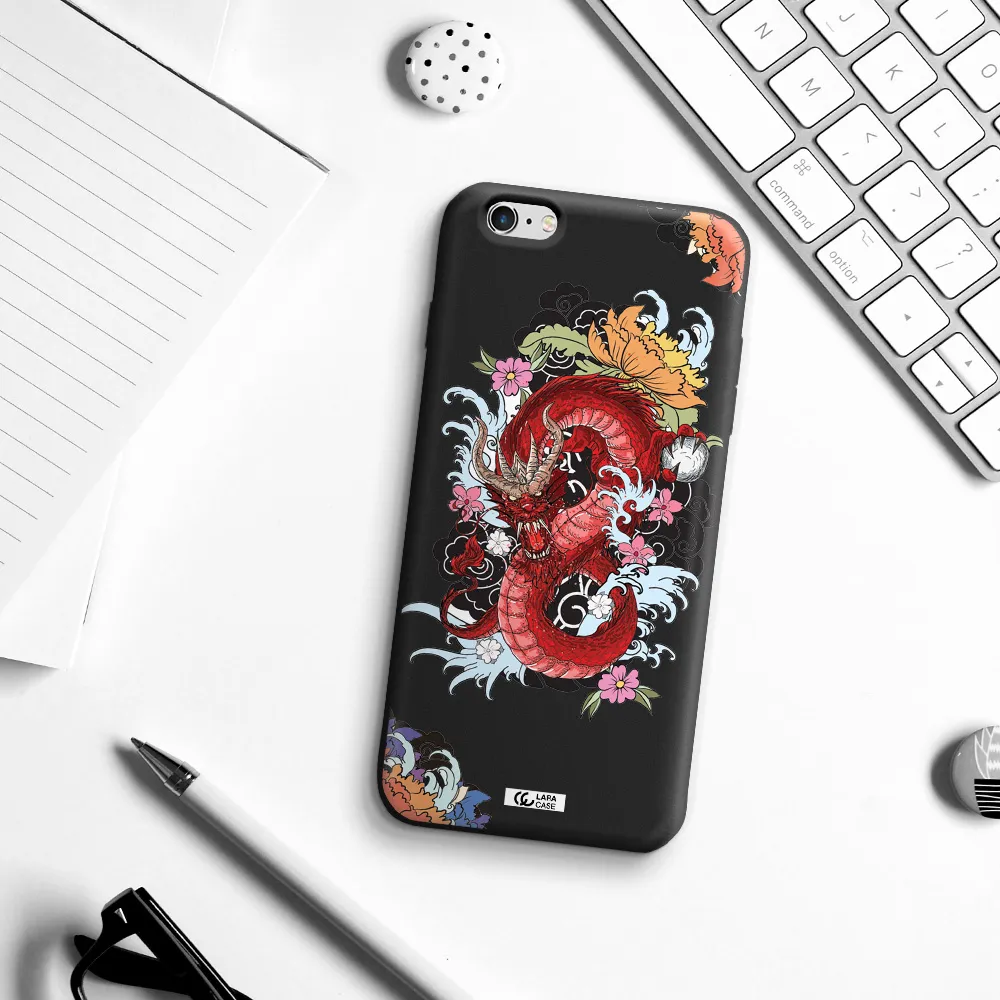 a red dragon with flowers and clouds Apple iPhone 6S Silicone black Case