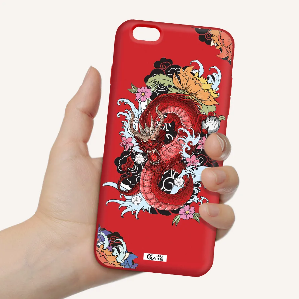 a red dragon with flowers and clouds Apple iPhone 6S Silicone Imperial Red Case