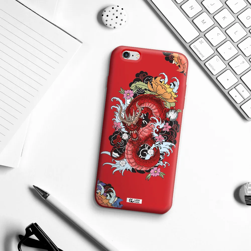 a red dragon with flowers and clouds Apple iPhone 6S Silicone Imperial Red Case