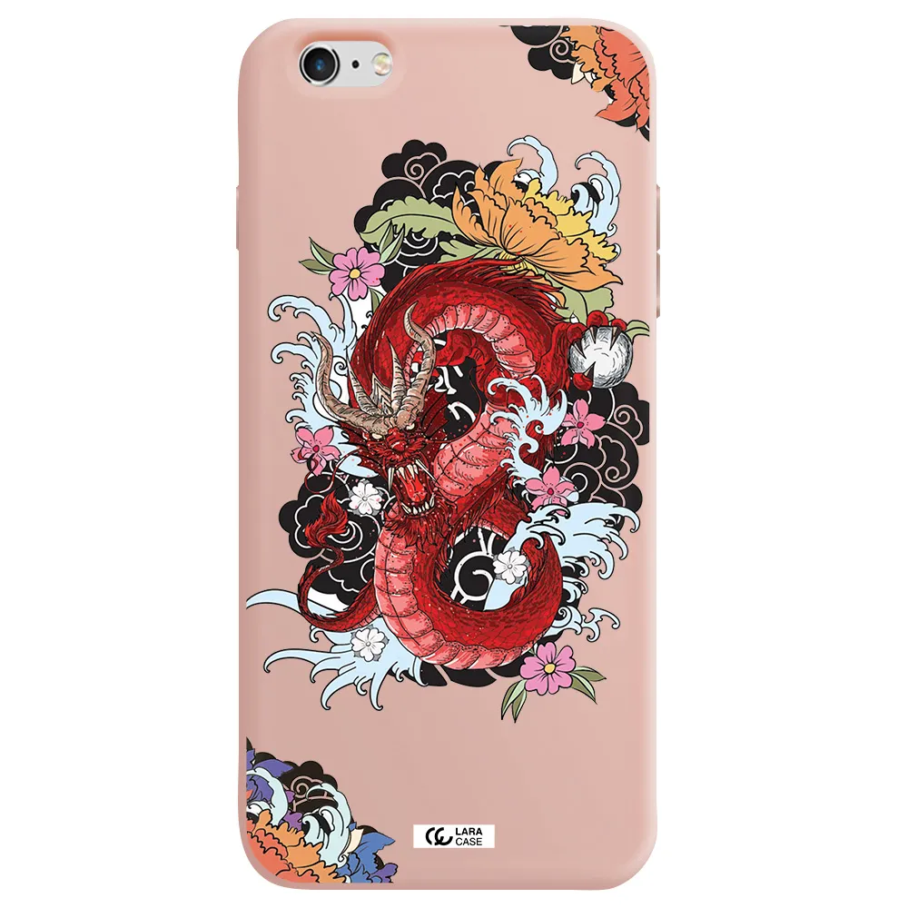 a red dragon with flowers and clouds Apple iPhone 6S Silicone pastel pink Case