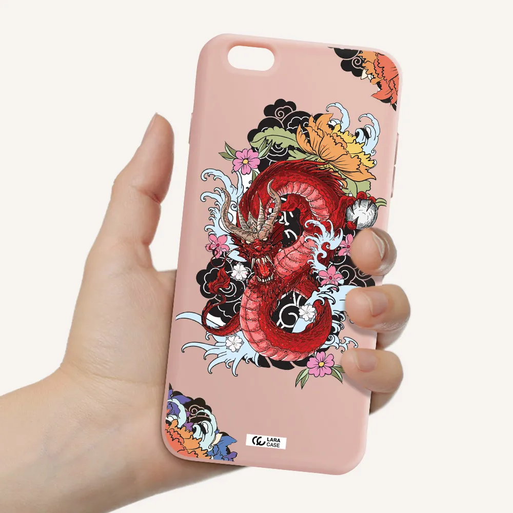 a red dragon with flowers and clouds Apple iPhone 6S Silicone pastel pink Case