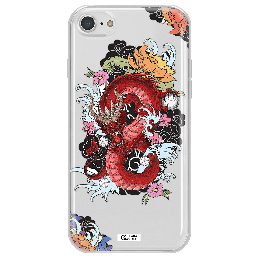 a red dragon with flowers and clouds Apple iPhone 7 Clear TPU Case