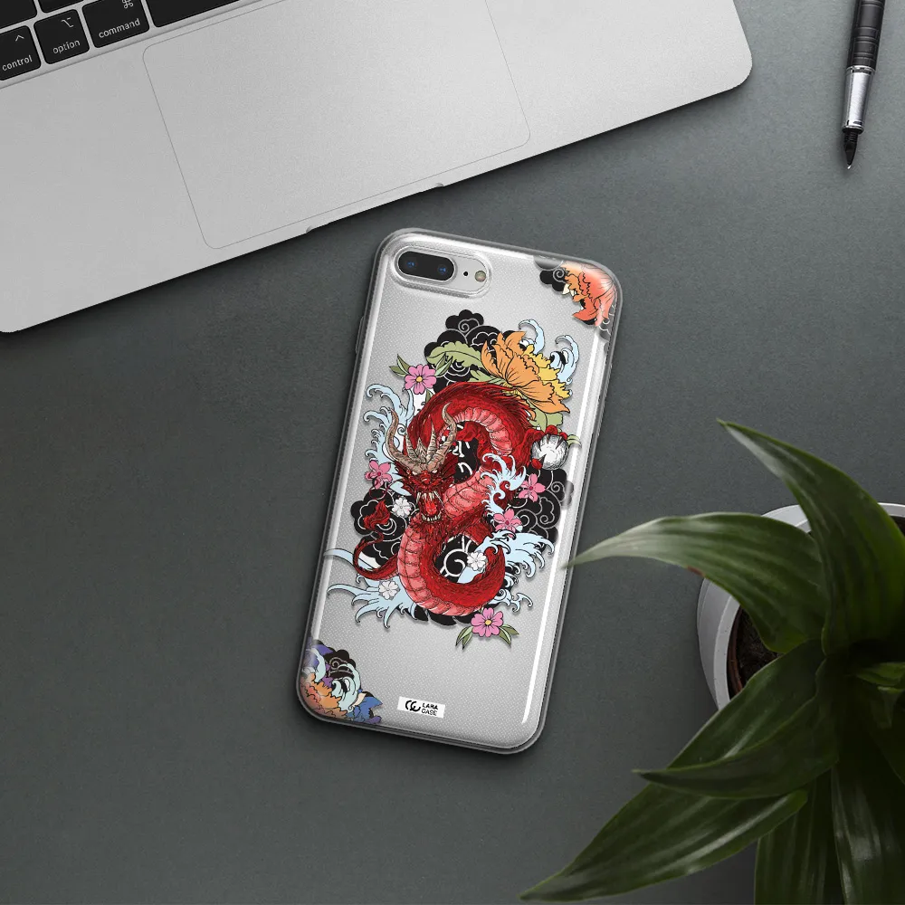 a red dragon with flowers and clouds Apple iPhone 7 plus Clear TPU Case