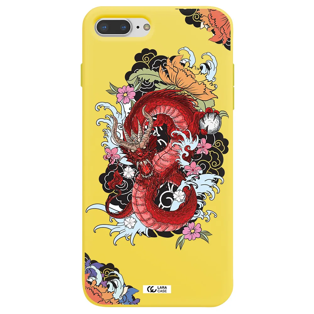 a red dragon with flowers and clouds Apple iPhone 7 plus Silicone canary yellow Case