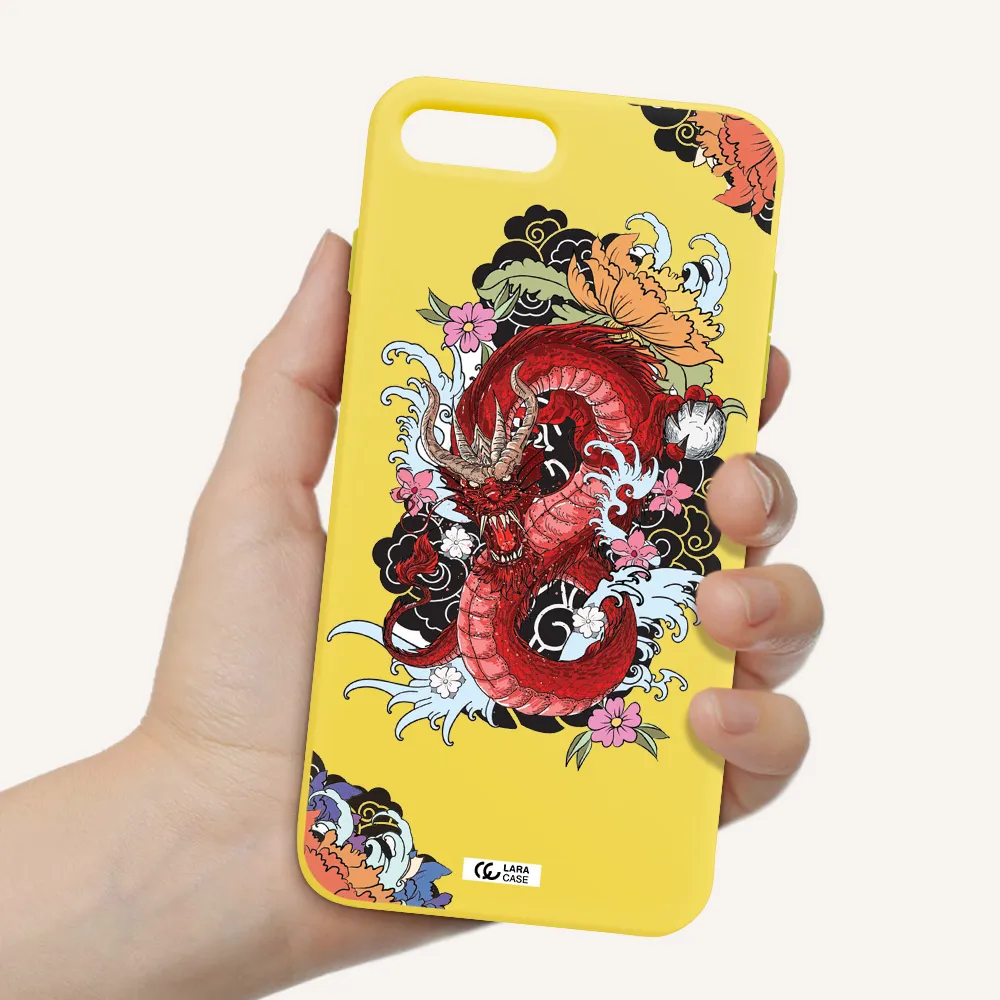 a red dragon with flowers and clouds Apple iPhone 7 plus Silicone canary yellow Case
