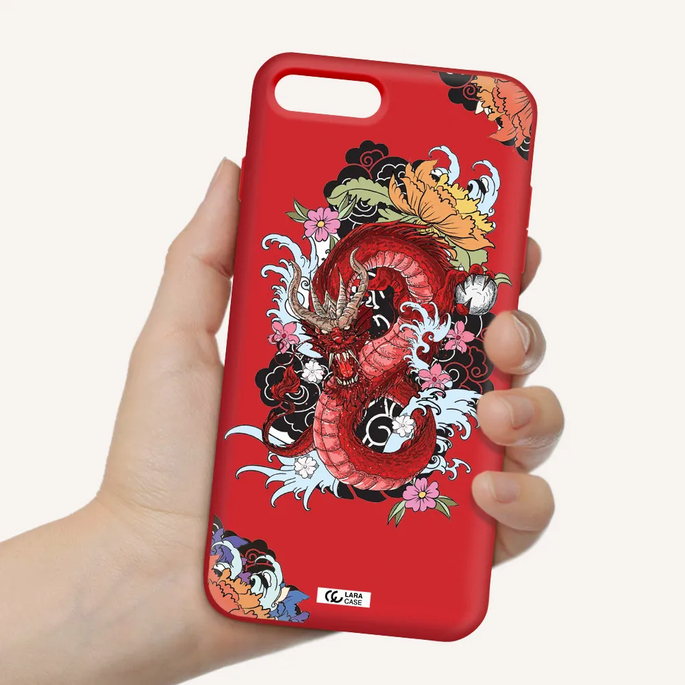 a red dragon with flowers and clouds Apple iPhone 7 plus Silicone Imperial Red Case