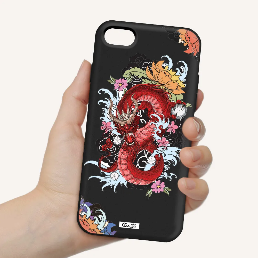 a red dragon with flowers and clouds Apple iPhone 7 Silicone black Case
