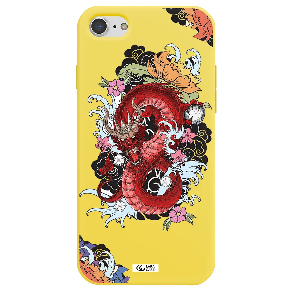 a red dragon with flowers and clouds Apple iPhone 7 Silicone canary yellow Case