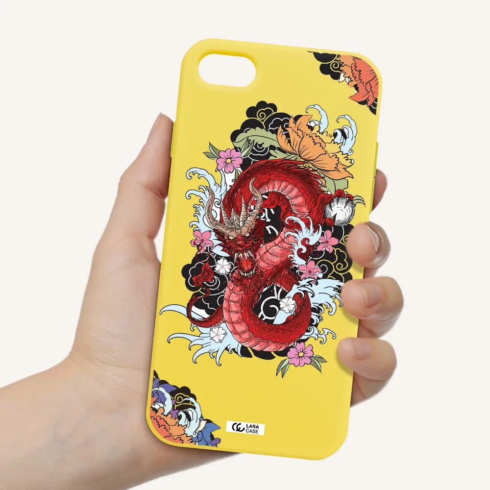 a red dragon with flowers and clouds Apple iPhone 7 Silicone canary yellow Case