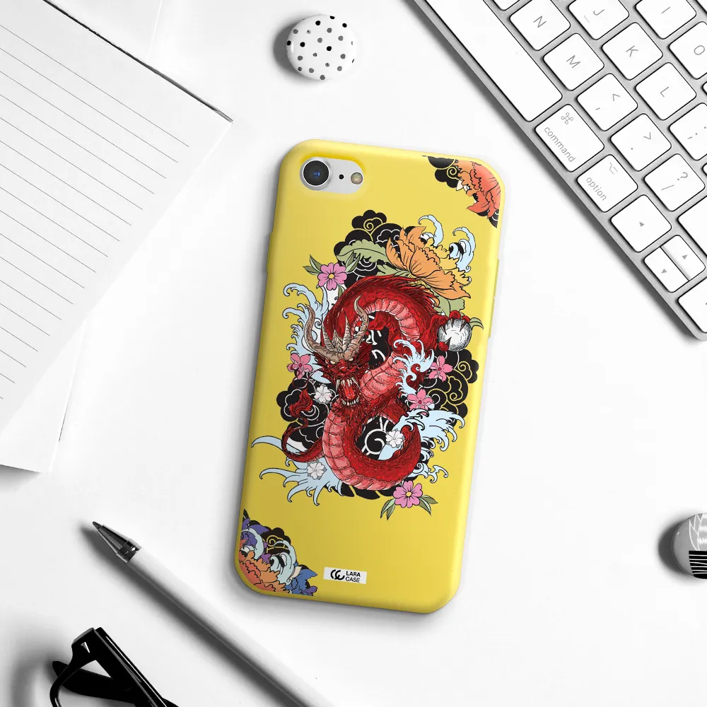 a red dragon with flowers and clouds Apple iPhone 7 Silicone canary yellow Case
