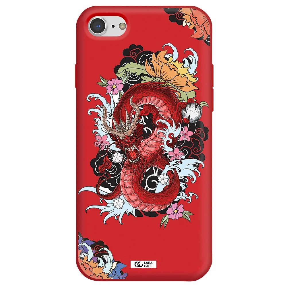 a red dragon with flowers and clouds Apple iPhone 7 Silicone Imperial Red Case