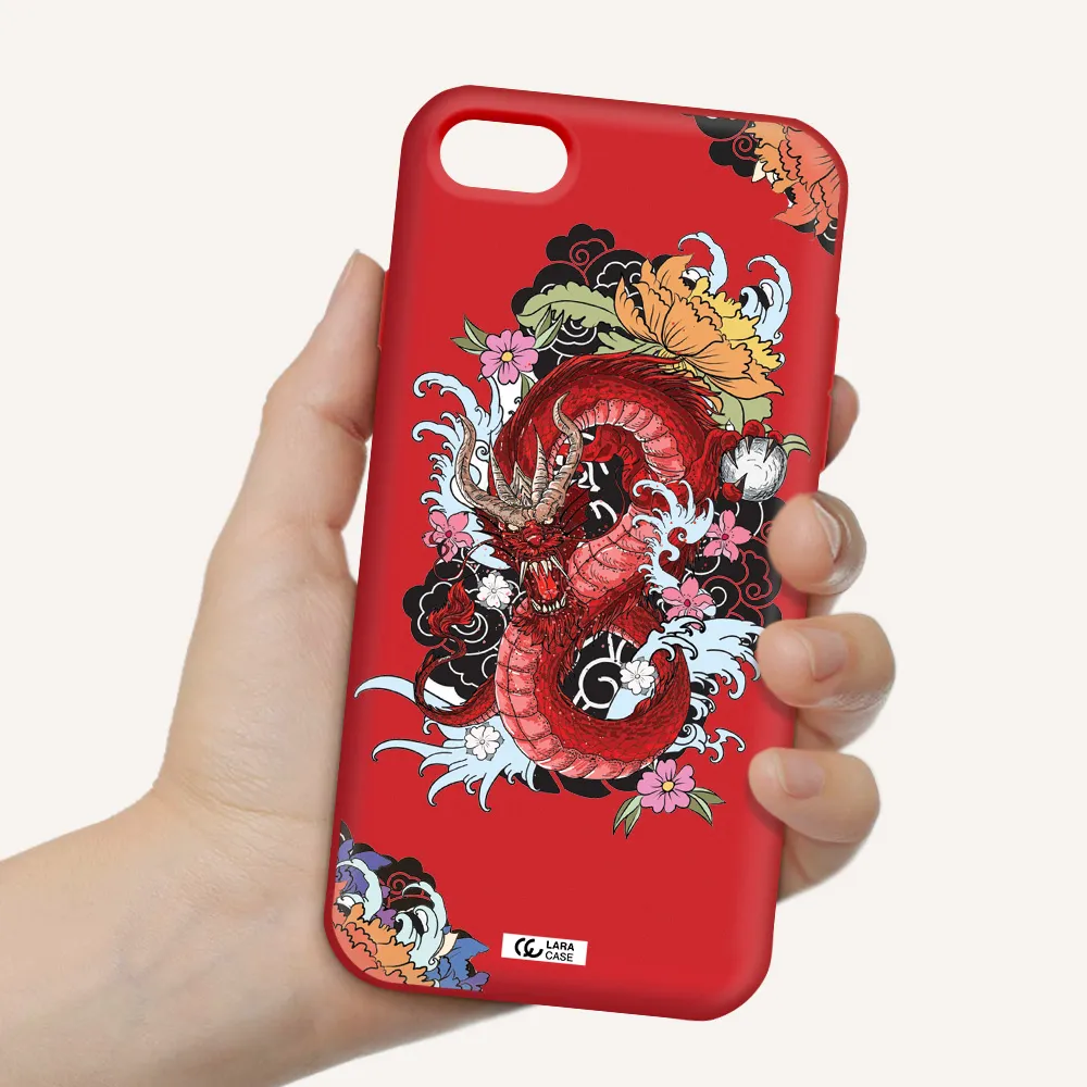 a red dragon with flowers and clouds Apple iPhone 7 Silicone Imperial Red Case