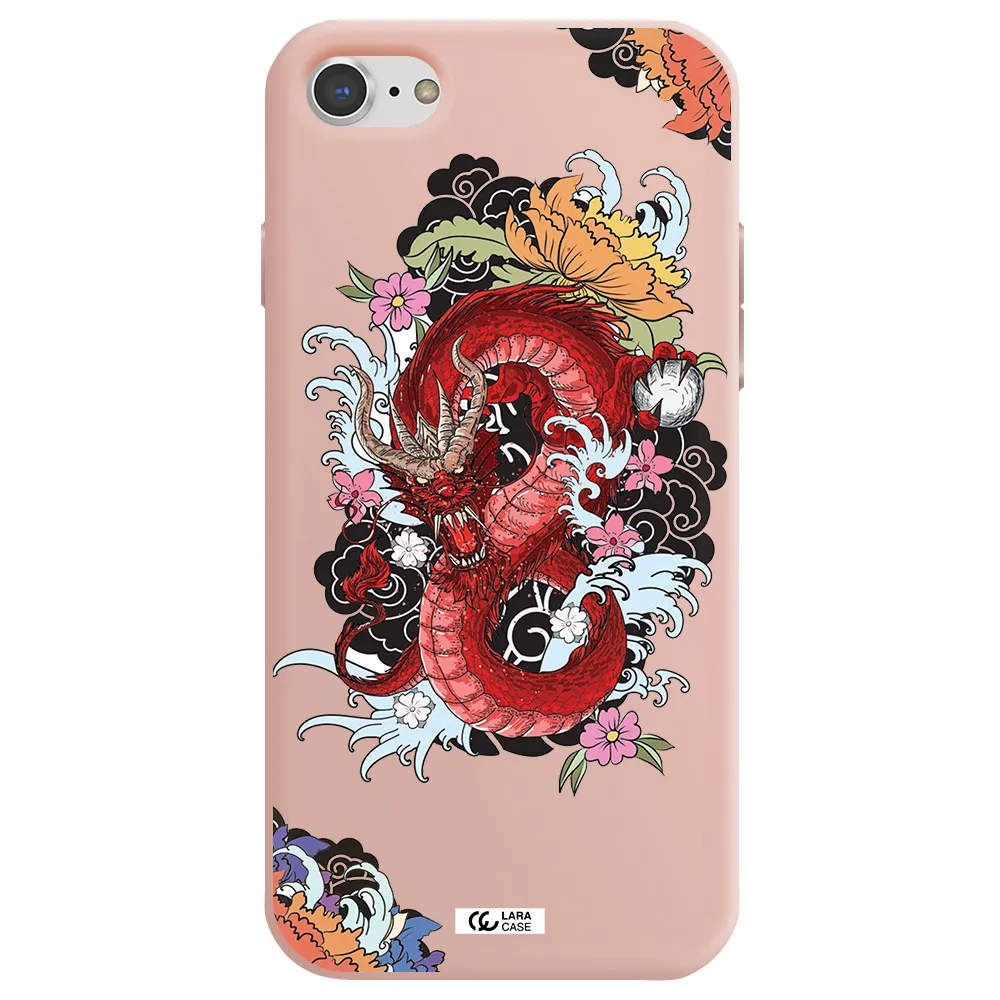 a red dragon with flowers and clouds Apple iPhone 7 Silicone pastel pink Case