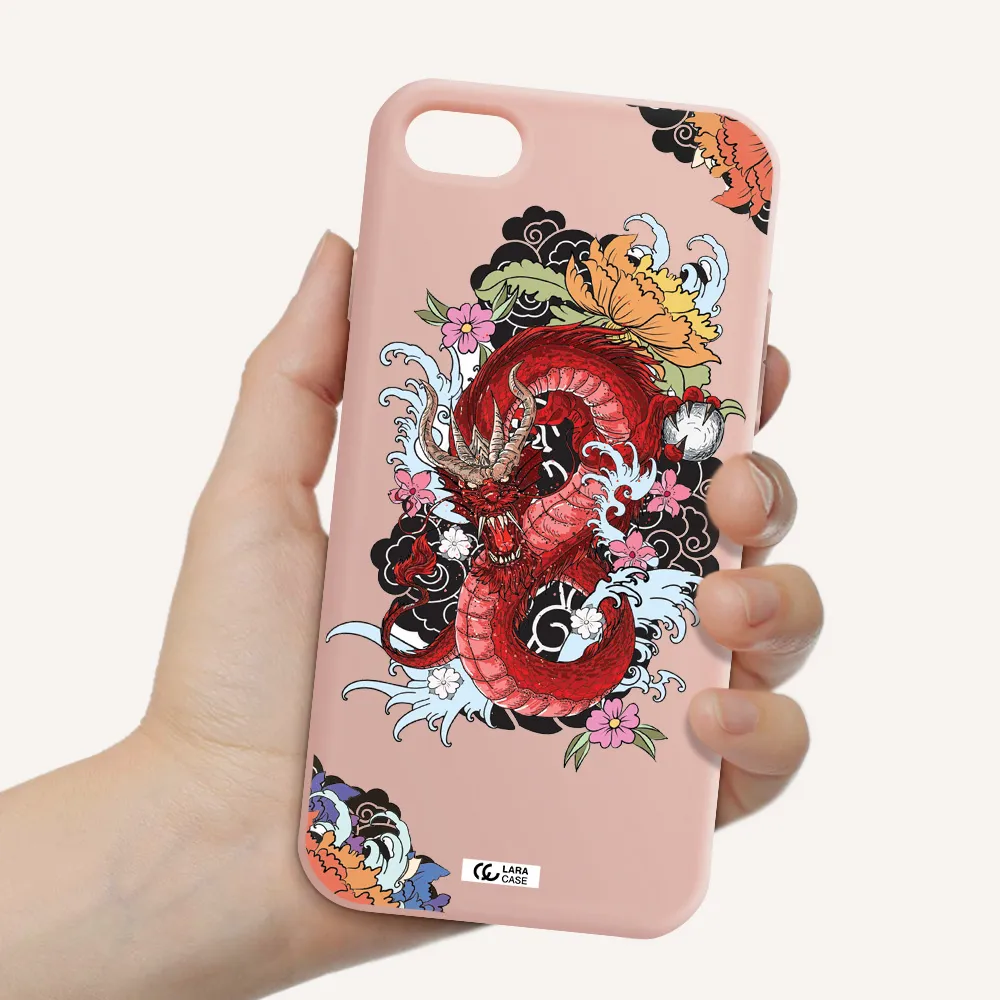 a red dragon with flowers and clouds Apple iPhone 7 Silicone pastel pink Case