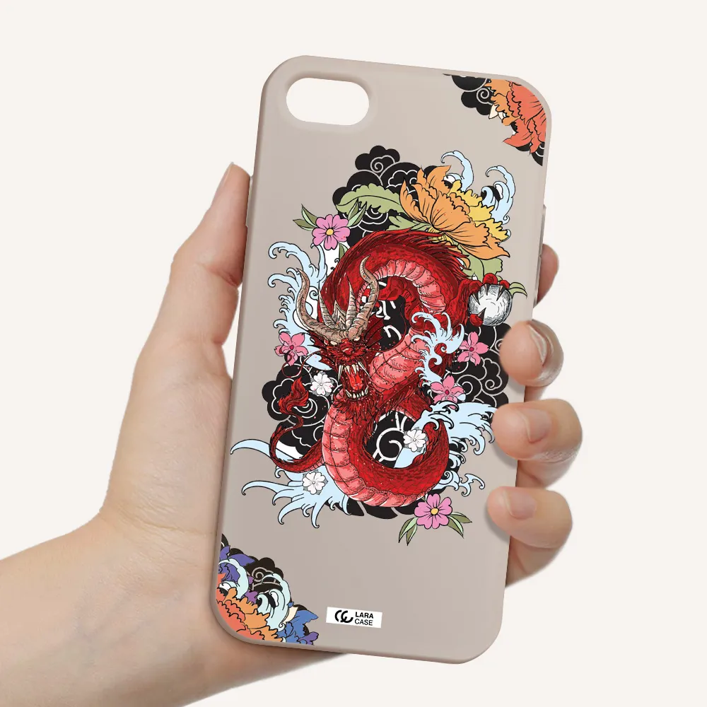 a red dragon with flowers and clouds Apple iPhone 7 Silicone Stone Case