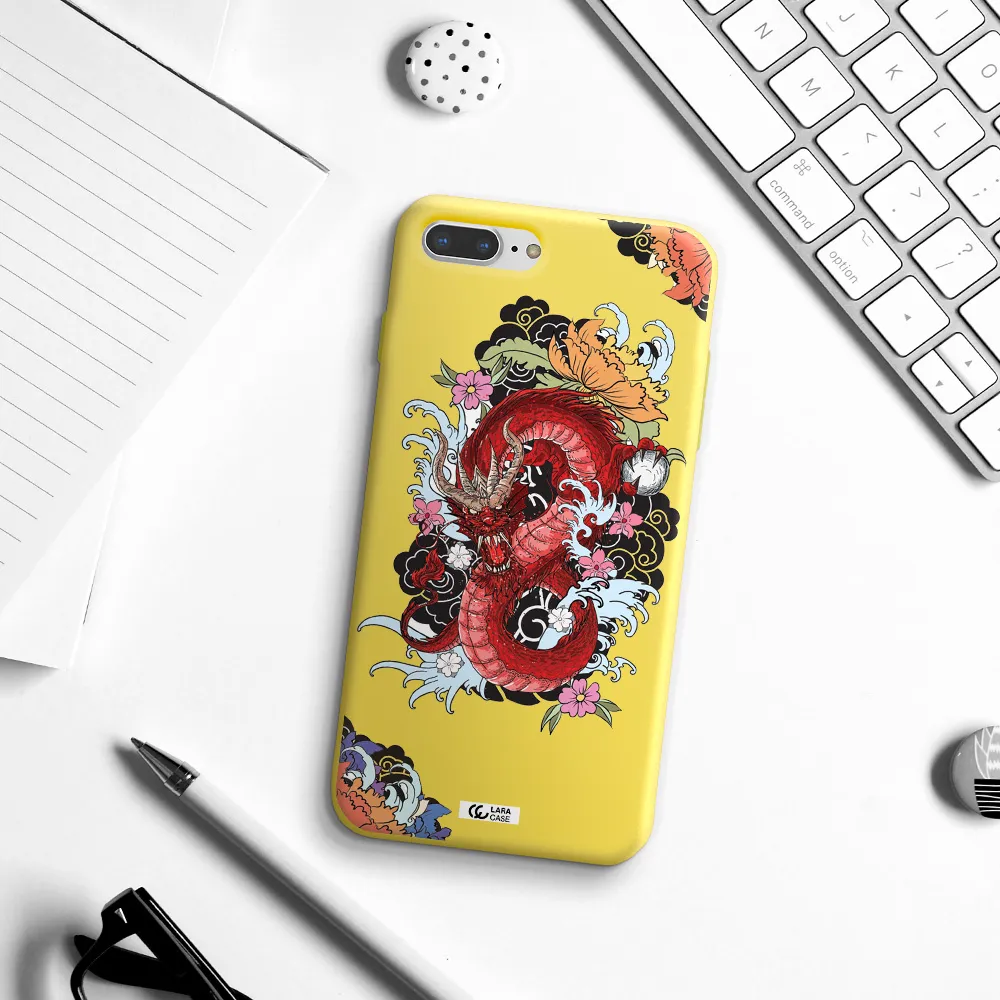 a red dragon with flowers and clouds Apple iPhone 8 plus Silicone canary yellow Case