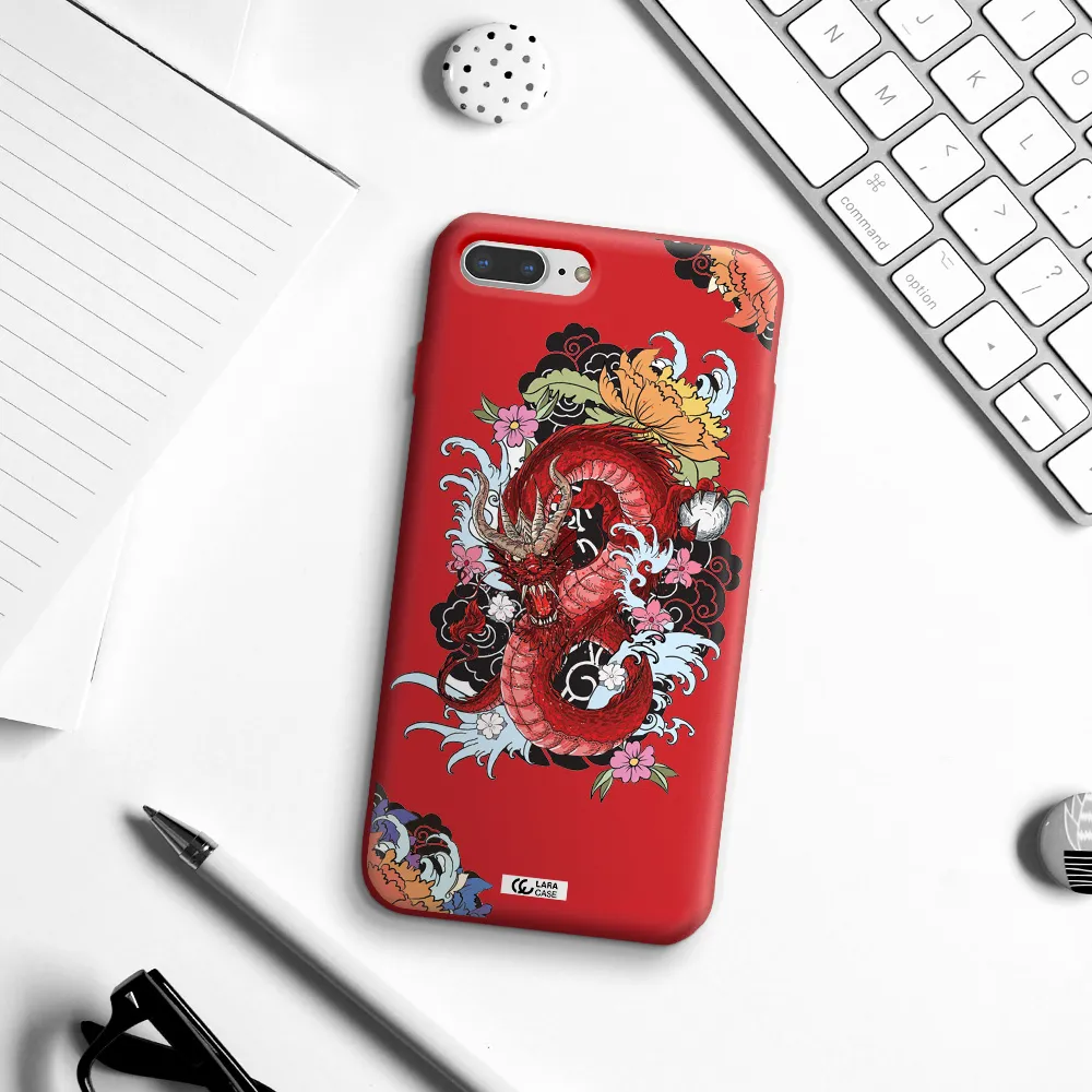 a red dragon with flowers and clouds Apple iPhone 8 plus Silicone Imperial Red Case