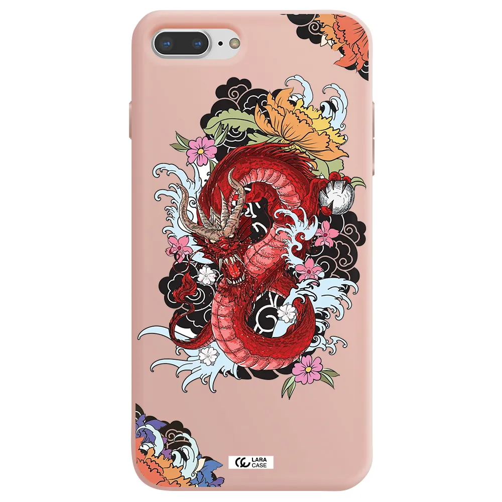 a red dragon with flowers and clouds Apple iPhone 8 plus Silicone pastel pink Case