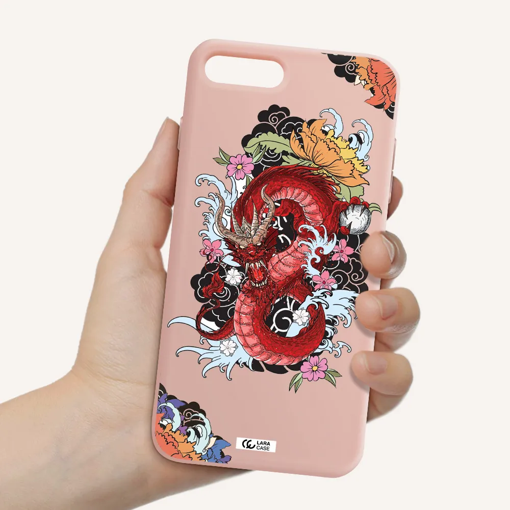 a red dragon with flowers and clouds Apple iPhone 8 plus Silicone pastel pink Case