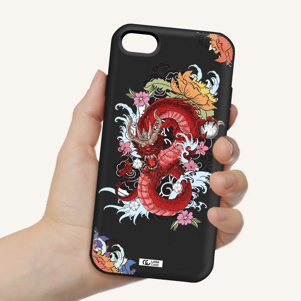 a red dragon with flowers and clouds Apple iPhone 8 Silicone black Case