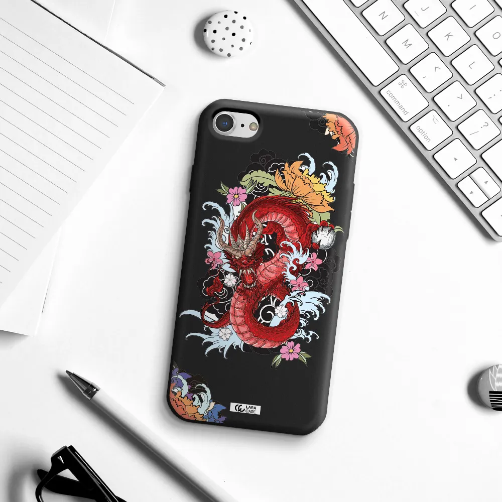 a red dragon with flowers and clouds Apple iPhone 8 Silicone black Case