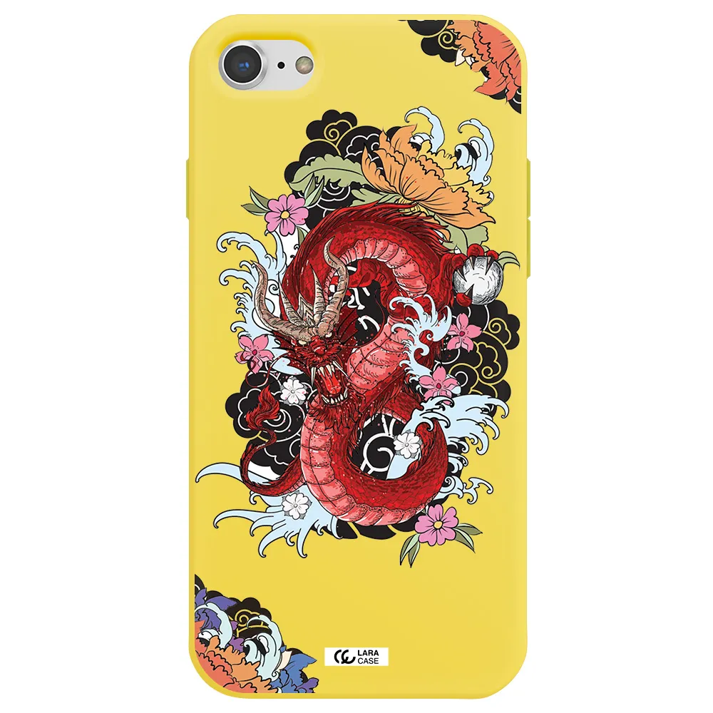 a red dragon with flowers and clouds Apple iPhone 8 Silicone canary yellow Case