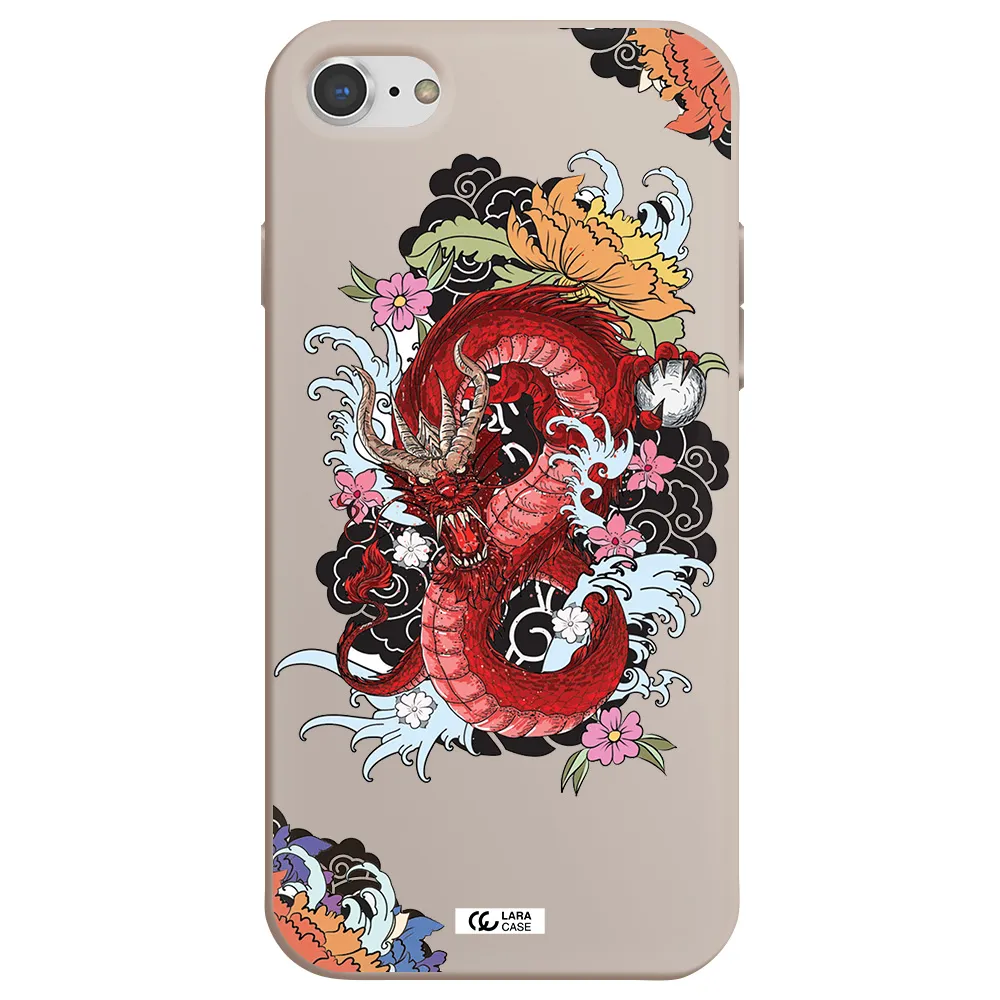 a red dragon with flowers and clouds Apple iPhone 8 Silicone Stone Case