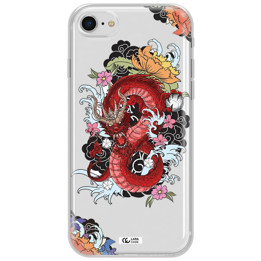 A Red Dragon With Flowers And Clouds Apple Iphone Se 2020 Clear Tpu Case