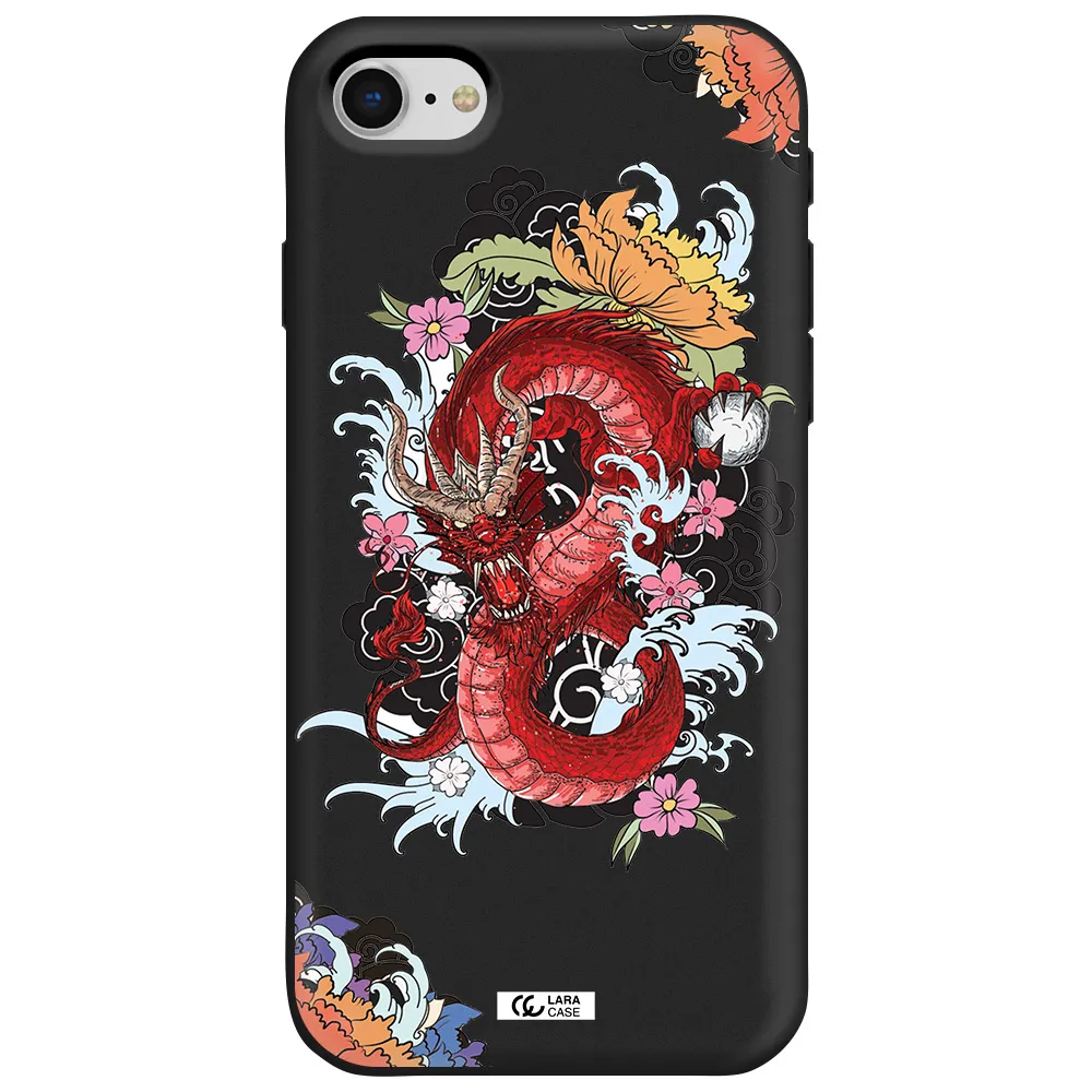 a red dragon with flowers and clouds Apple iPhone se 2020 Silicone black Case